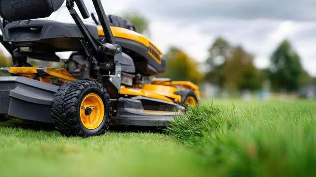 Close-up of a yellow lawn mower trimming lush green grass on a cloudy day.