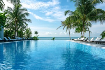 Fototapeta premium Relaxing at a vacation pool with palm trees and a mattress surface by the ocean on a sunny day