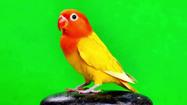 Closeup of yellow lovebird perched on the stone with green background