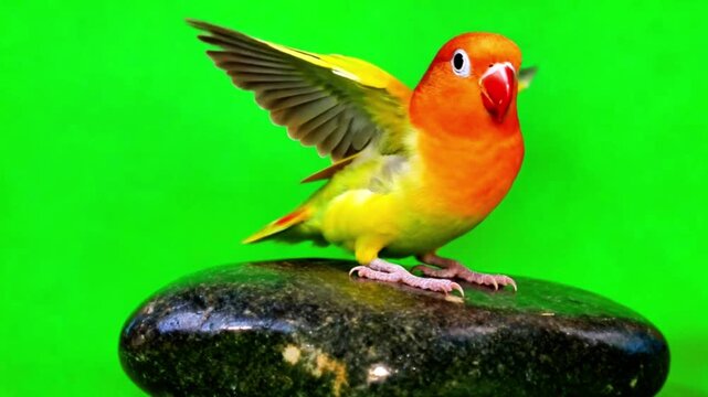 Green lovebird spread its wings on the stone with green background
