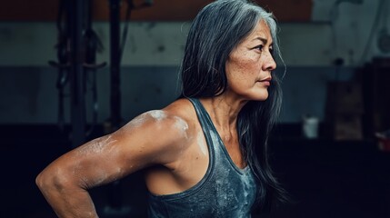 Naklejka premium Strong senior Asian woman with gray hair in gym, covered in chalk dust