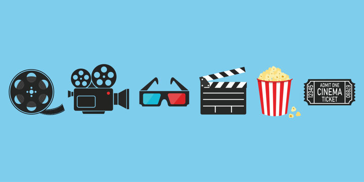 Lights, Camera, Action: Illustrative collection of cinema essentials, from the film reel to the ticket. This image embodies the essence of movies.