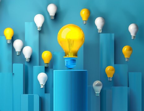 success concept outstanding yellow light bulb on top blue column and white light bulb falling on blue background minimal style