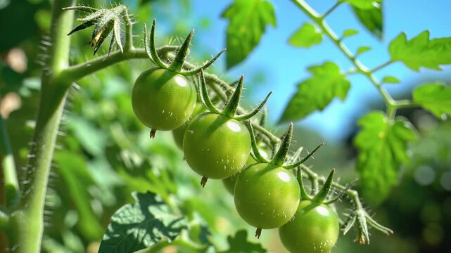 Green unripe tomatoes growing on a vine in the garden.