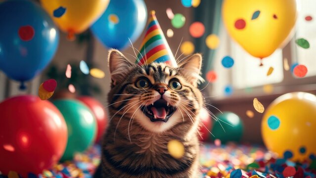 Tabby cat wearing party hat excited in party room