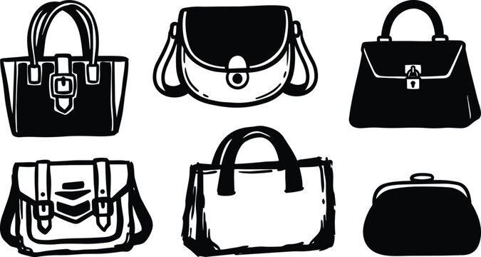 Black and white sketch set of six handbags and purses vector art