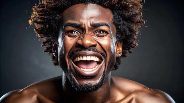 Man with afro hairstyle shouting intensely showing powerful emotional expression against dark background