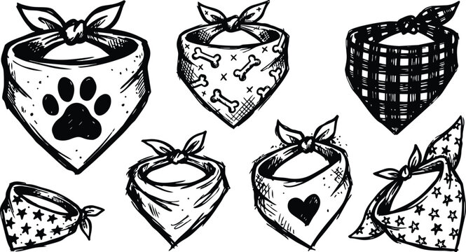 Dog bandanas set with paw bone heart and star patterns black and white line art