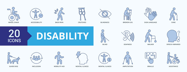 Fototapeta premium Disability Icon Pack Blue Style Illustration Vector