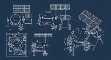 Fototapeta premium Solar Hand Concrete Mixer AutoCAD Blueprint Vector – Green Energy Portable Cement Machine Multi View Technical Drawing White Outline on Dark Blue