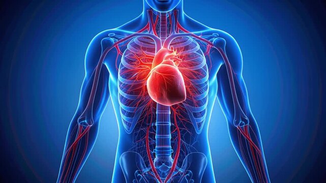 Glowing human heart inside male chest highlighting cardiovascular system anatomy