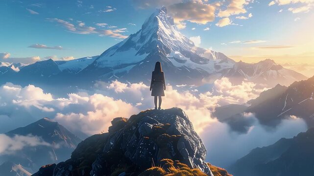 Silhouette figure standing on rocky mountain ridge facing bright alpine sunrise panorama