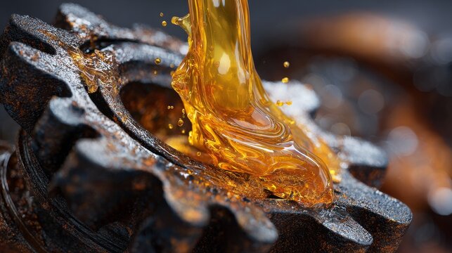 Close-up of oil dripping from a rusted gear in industrial setting.