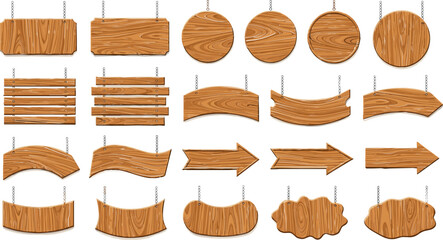 Wooden Sign Icon Set with Various Shapes and Designs for Direction, Label, and Decoration Illustrations © Borsha
