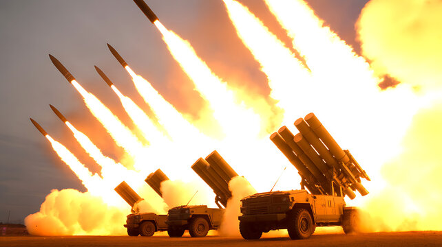 Military rocket launchers firing missiles at night, multiple rocket launch system in action, heavy artillery barrage with bright fire and smoke trails