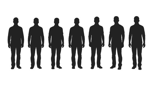 A series of black silhouettes depicting men of varying body types and heights