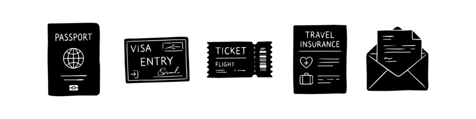 Hand-drawn black silhouette icons of travel documents: passport, visa, flight ticket, insurance, and an envelope. Minimalist doodle style illustration for vacation and tourism planning themes. © Trends