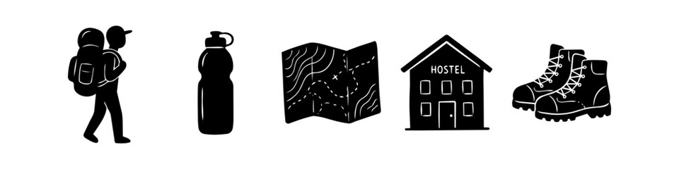 Hand-drawn black and white hiking and backpacking icons featuring a hiker, water bottle, map, hostel, and boots. Ideal for outdoor adventure, trekking, and budget travel themes. © Trends