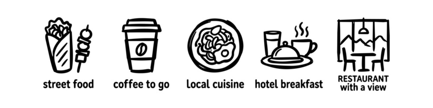 Hand-drawn food icons set featuring street food, coffee to go, local cuisine, hotel breakfast, and a restaurant with a view. Minimalist black ink doodle illustrations on white background.