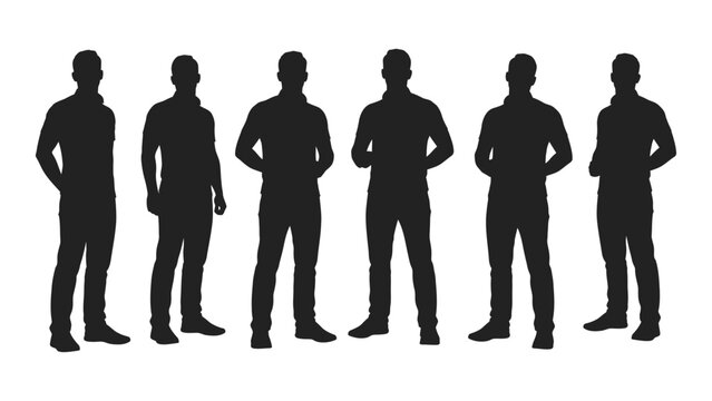 Six silhouetted men stand in a row facing forward with varying poses