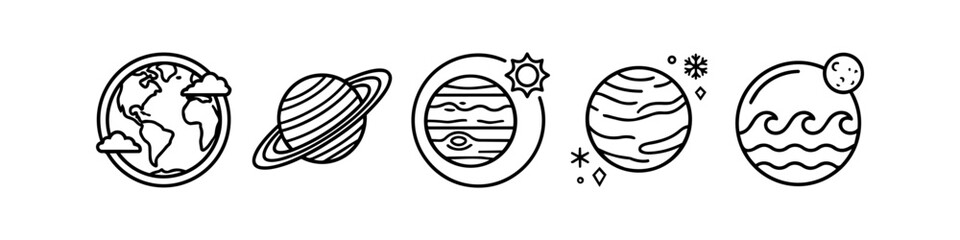Minimalist Celestial Planet Icons Set Featuring Earth, Saturn, Jupiter, and Outer Space Elements in Black and White Line Art Style © Victor