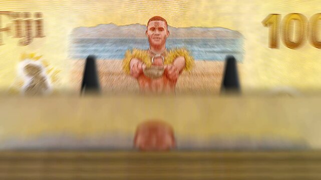 Fiji dollars Fijian money counting machine with banknotes. Quick 100 FJD currency note down rotation. Business and economy concept loopable and seamless background.