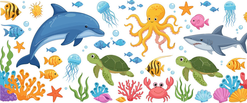 Ocean Life Animal Set with Dolphins, Turtles, Sharks, Octopus, Fish, and Coral Reef in 3D Style