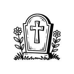 Obraz premium Black and white illustration of a tombstone with a cross and flowers