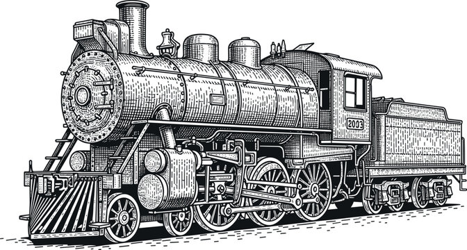 A vintage steam locomotive train engine with a detailed illustration style