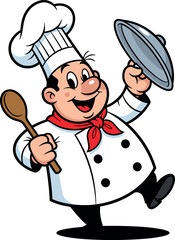 Naklejka premium A cheerful cartoon chef happily holding a plate and wooden spoon