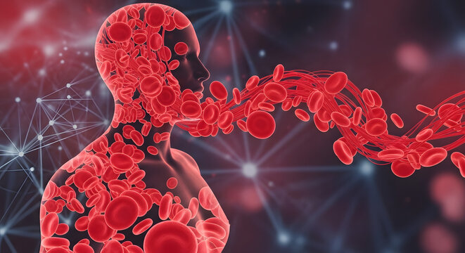 Abstract human figure composed of red blood cells, representing life, health and circulation system.