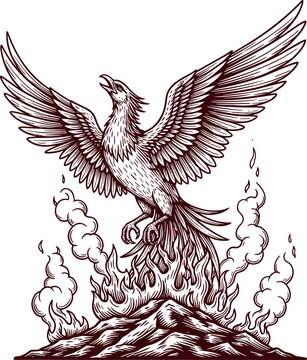 A mythical phoenix rises from a blazing fiery pyre with wings spread wide