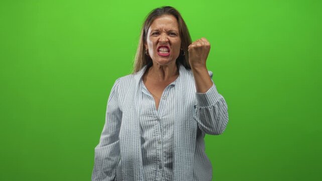 Middle aged hispanic woman raises clenched fist toward camera in studio green screen, tense snarl and pursed lips showing frustration; anger defiance.