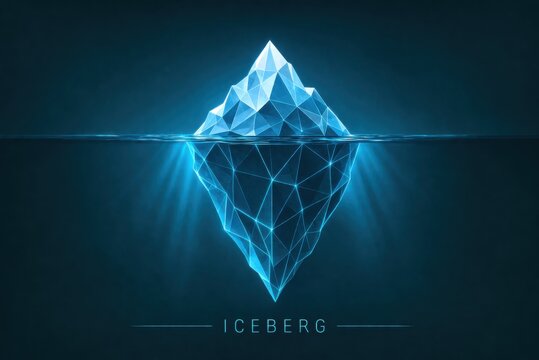 Futuristic digital iceberg visualization representing hidden data layers artificial intelligence depth and complex system architecture