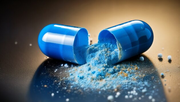 macro shot of a single blue capsule split open with tiny powder particles spilling out highlighting the potency of modern drugs