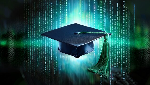 futuristic digital graduation cap with binary code and green tassel