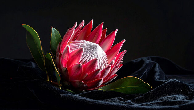 Stunning king protea flower displayed on black velvet fabric with dramatic lighting. Exotic botanical beauty with rich colors and texture, ideal for luxury, nature, floral design, premium branding.