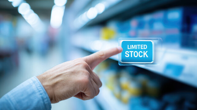 Limited stock sign highlights supply chain disruption impact on product availability in retail store with human hand pointing on shelf