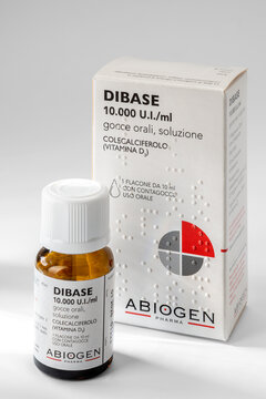 Italy - April 2, 2026: Dibase 10,000 IU-mL, active ingredient: Cholecalciferol (Vitamin D3), medication for vitamin D deficiency, packaged with tactile Braille lettering for the blind