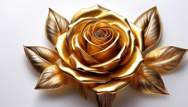 a meticulously crafted highly detailed and shimmering golden rose rendered in a stylized almost metallic fashion gracefully displays its petals and leaves isolated on white background