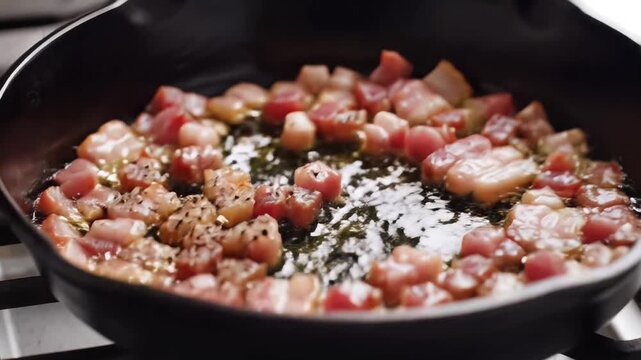 Diced Bacon Sizzling in a Cast Iron Skillet with Herbs.