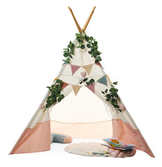 Stylish wigwam for child's room with leaves, books and pillow isolated on white © New Africa