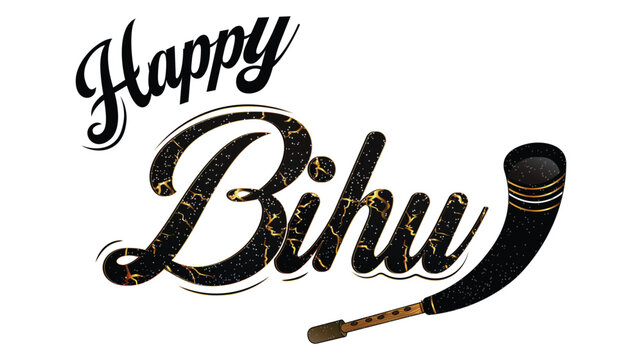 Happy Bihu Assamese Festival Typography with Pepa Horn Vector Illustration
