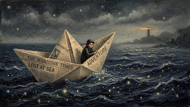 Surreal Night Sea Paper Boat - The Traveler's Dream Materic Oil Painting
