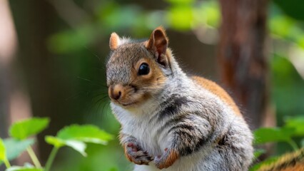 Fototapeta premium Closeup baby squirrel portrait in a forest setting for wildlife background and nature banner design