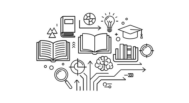 A minimalist vector graphic illustration of education and learning symbols