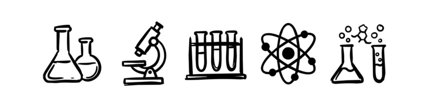 Set of hand-drawn science and chemistry icons featuring laboratory flasks, a microscope, test tubes, an atom, and chemical formulas. Minimalist black ink doodle style on a white background.