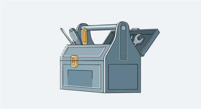 A vector graphic illustration of a blue toolbox with a handle and open lid