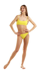 Obraz premium Beautiful woman wearing stylish swimsuit on white background