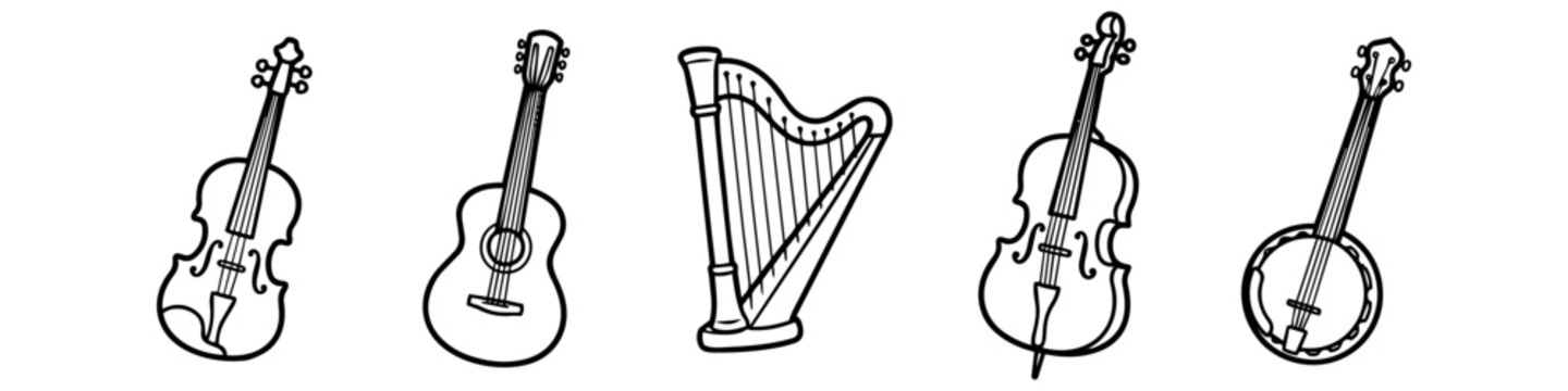 Set of hand-drawn vector icons of stringed musical instruments including violin, guitar, harp, cello, and banjo in a minimalist black line art style on a white background.